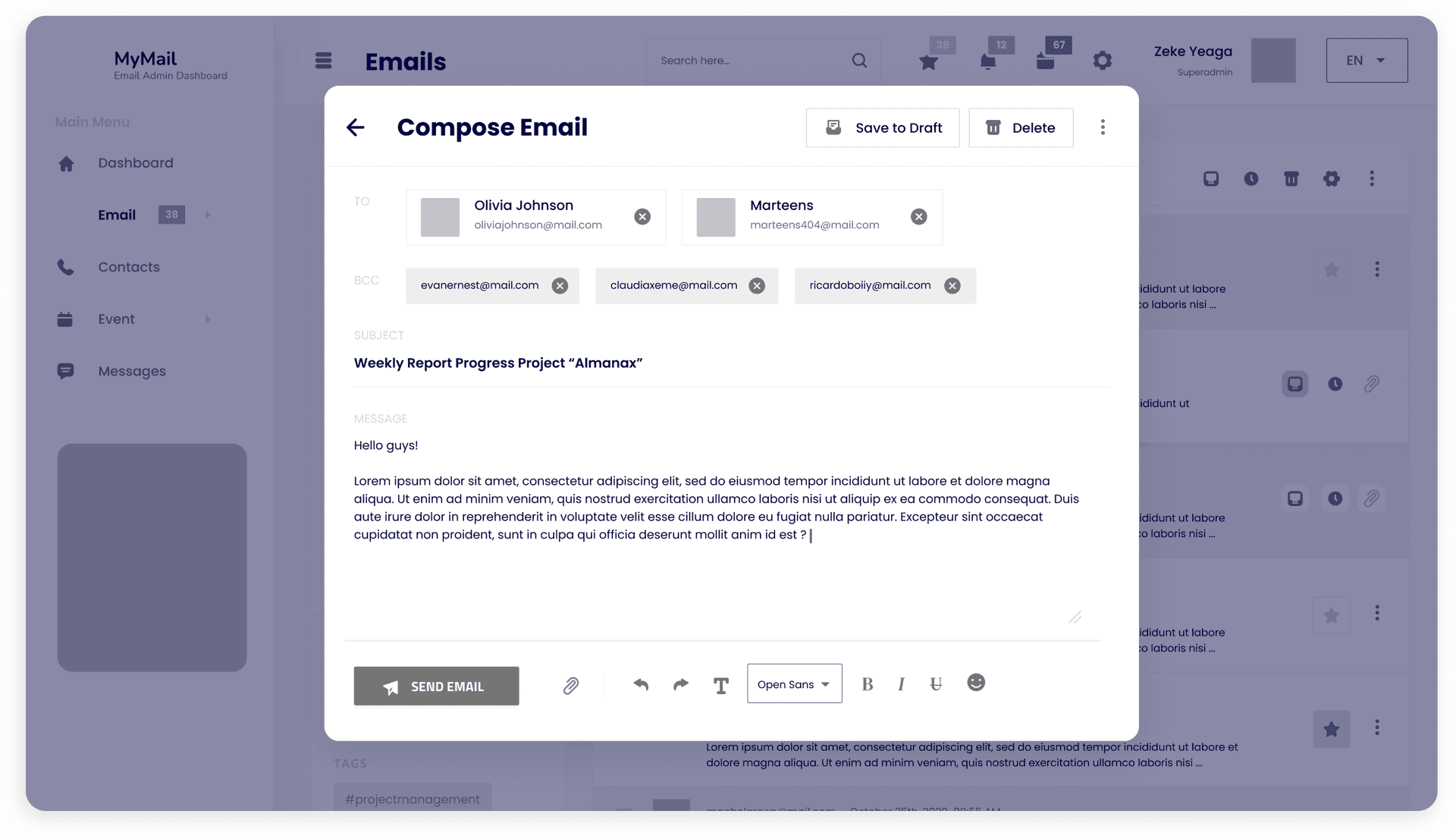 Wireframe of the MyMail email composition screen