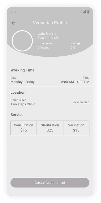 MyPet app veterinarian profile screen wireframe