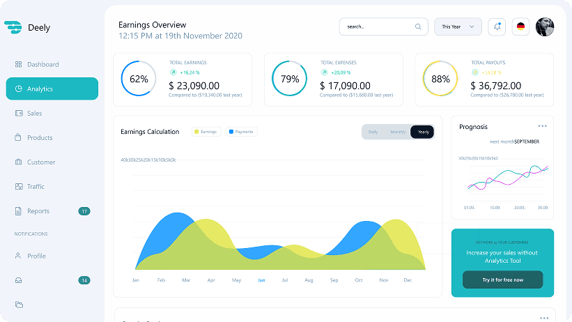 Deely earnings overview dashboard design