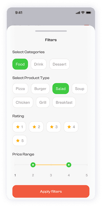 Have Meal app filters screen UI design