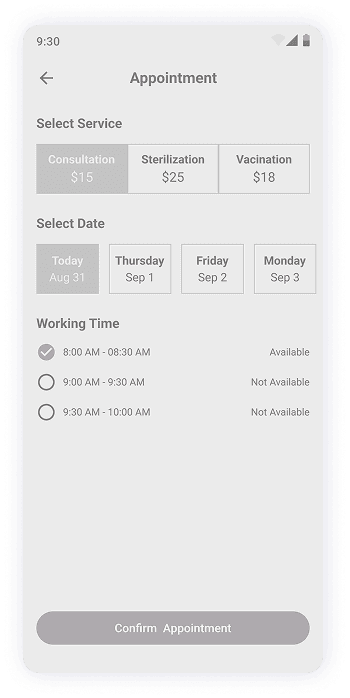 MyPet app appointment screen wireframe