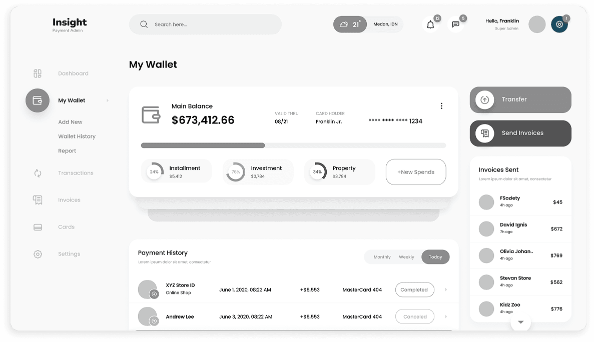 Insight CRM user wallet dashboard wireframe