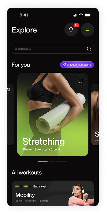 UI design of Fitty explore workouts screen