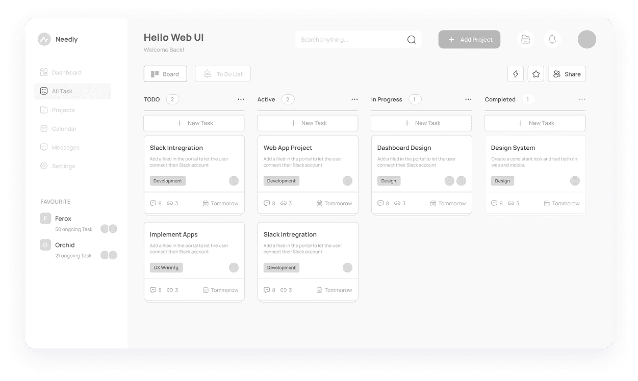 Needly all task dashboard wireframe