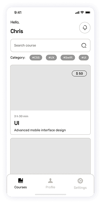 Wireframe of the EasyCoursy app-s course list screen