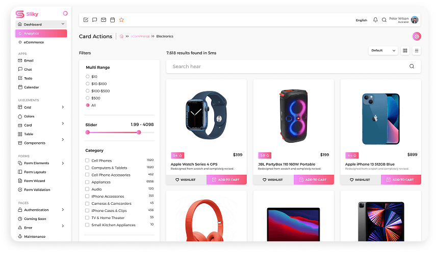 Sliky CRM software card action dashboard with filters and search bar