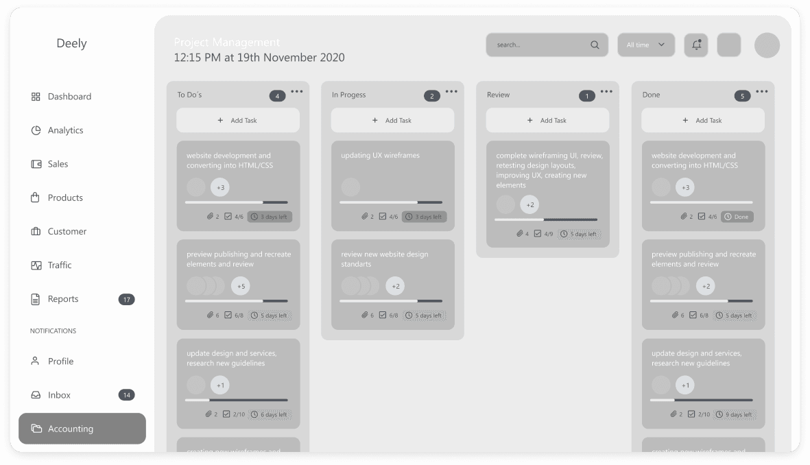 Wireframe of Deely project management dashboard screen