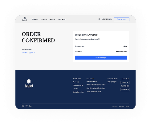 UI design of the Asset Protection order confirmation page