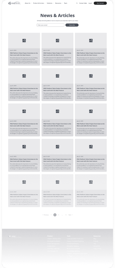 Wireframe of the PrizGuru news and articles page