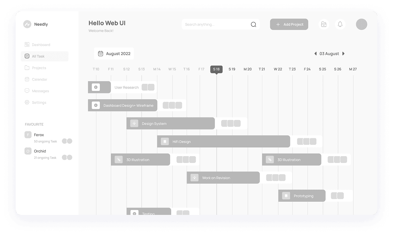 Needly dashboard wireframe with Gantt Chart