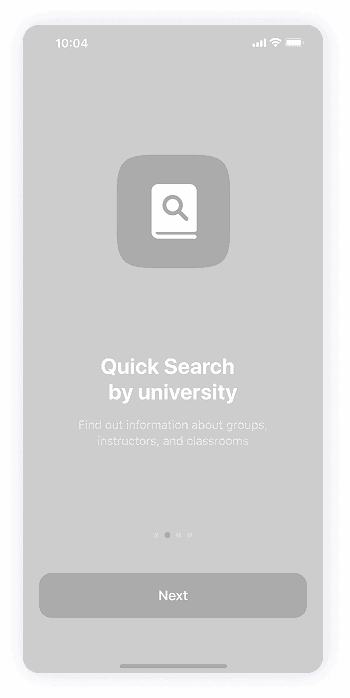 University Student app wireframe of the quick search screen