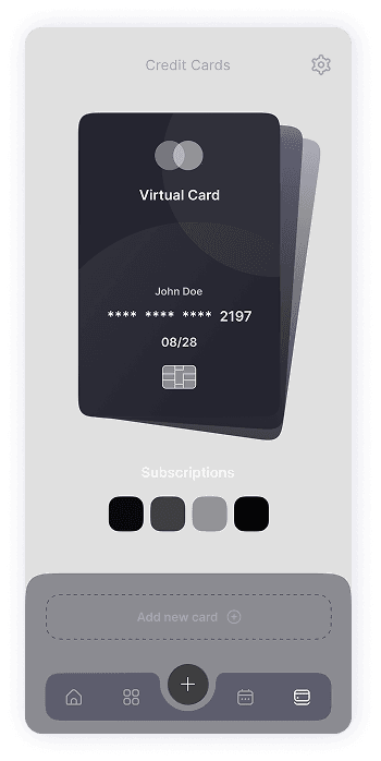 Credit card management screen wireframe of TrackEasy app