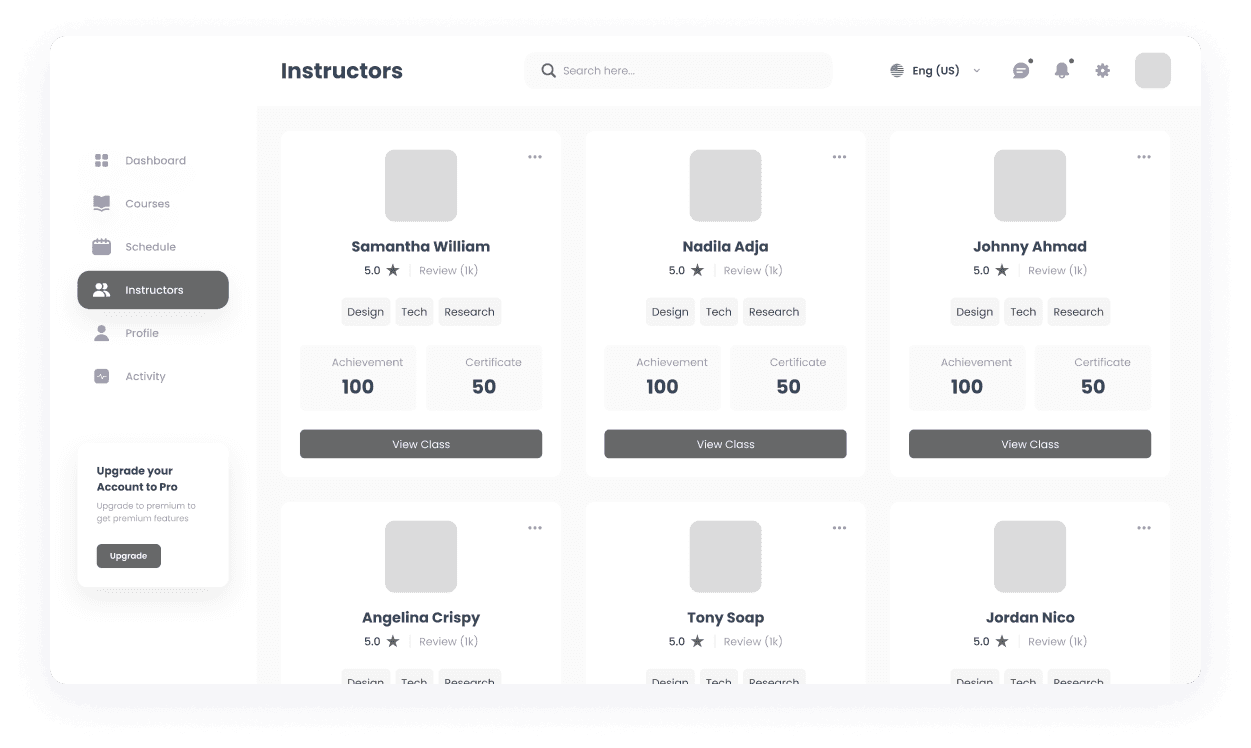 Wireframe of the MySkills instructors page
