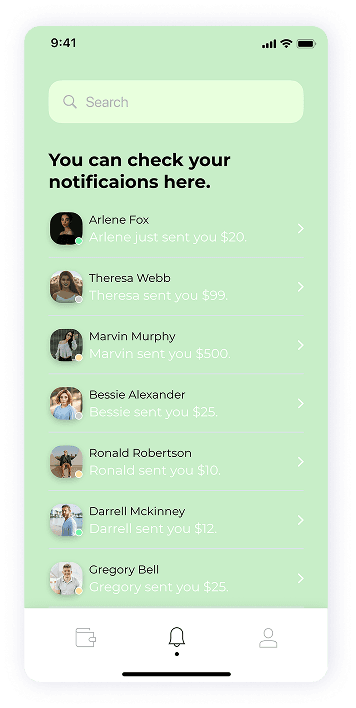 UI design of MoneyPay notifications screen