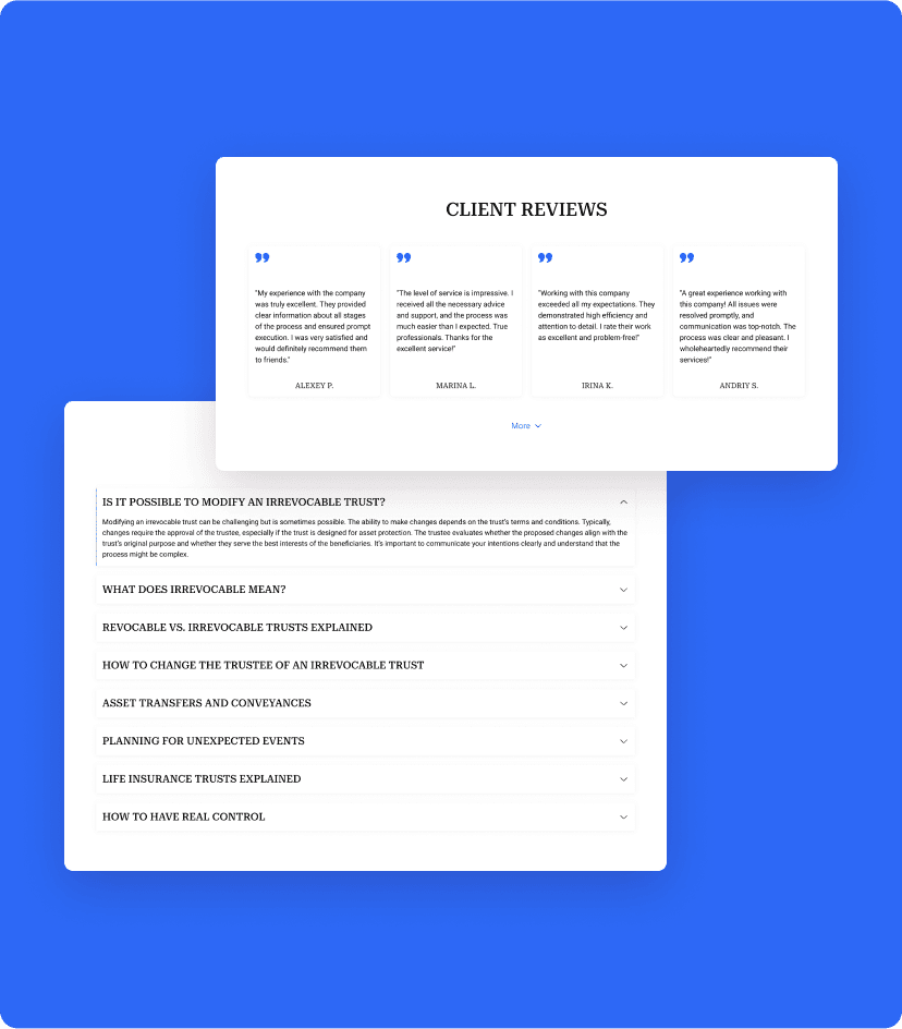 Asset Protection testimonials and FAQs feature