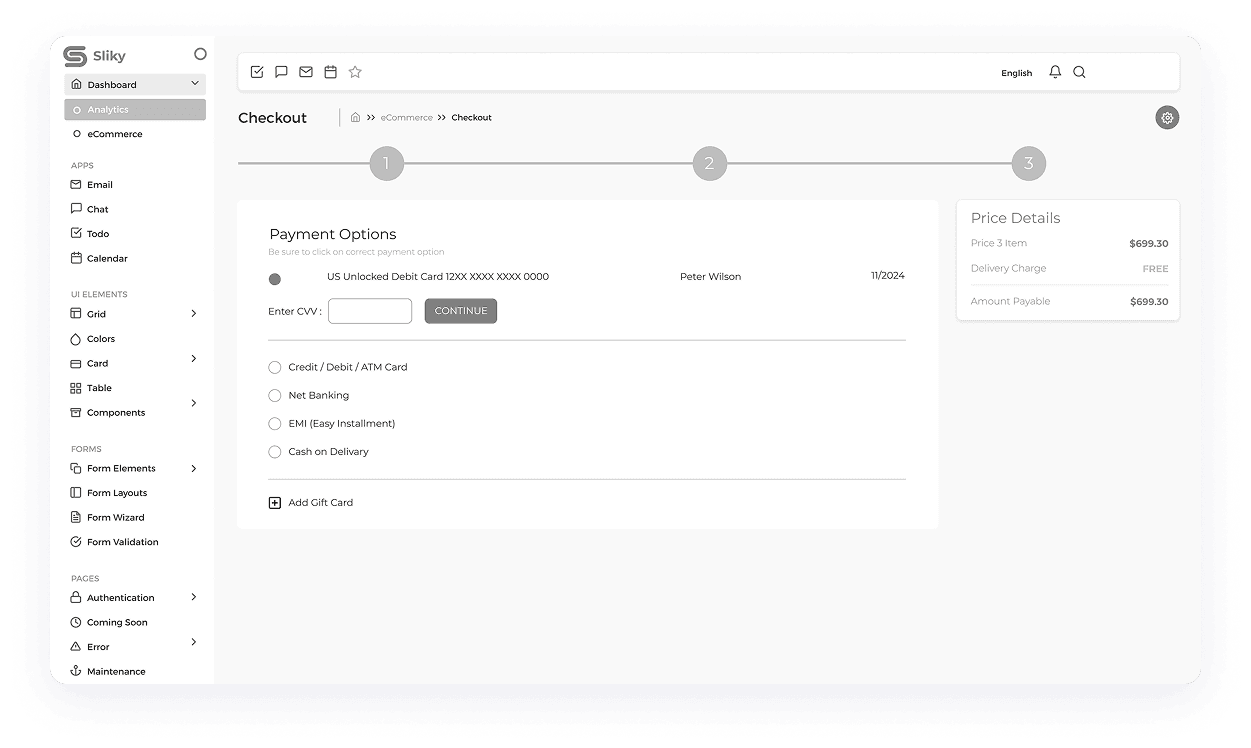 Sliky CRM checkout wireframe payment selection screen