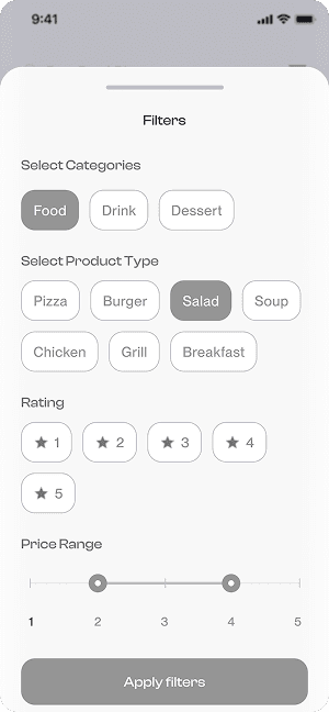 Wireframe of Have Meal’s filter screen