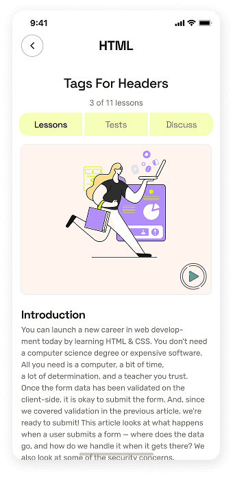 UI design of the EasyCoursy app-s HTML lesson screen