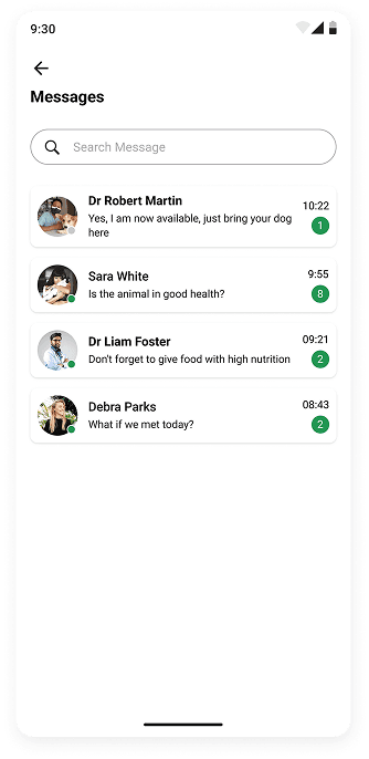 MyPet app messages screen UI design