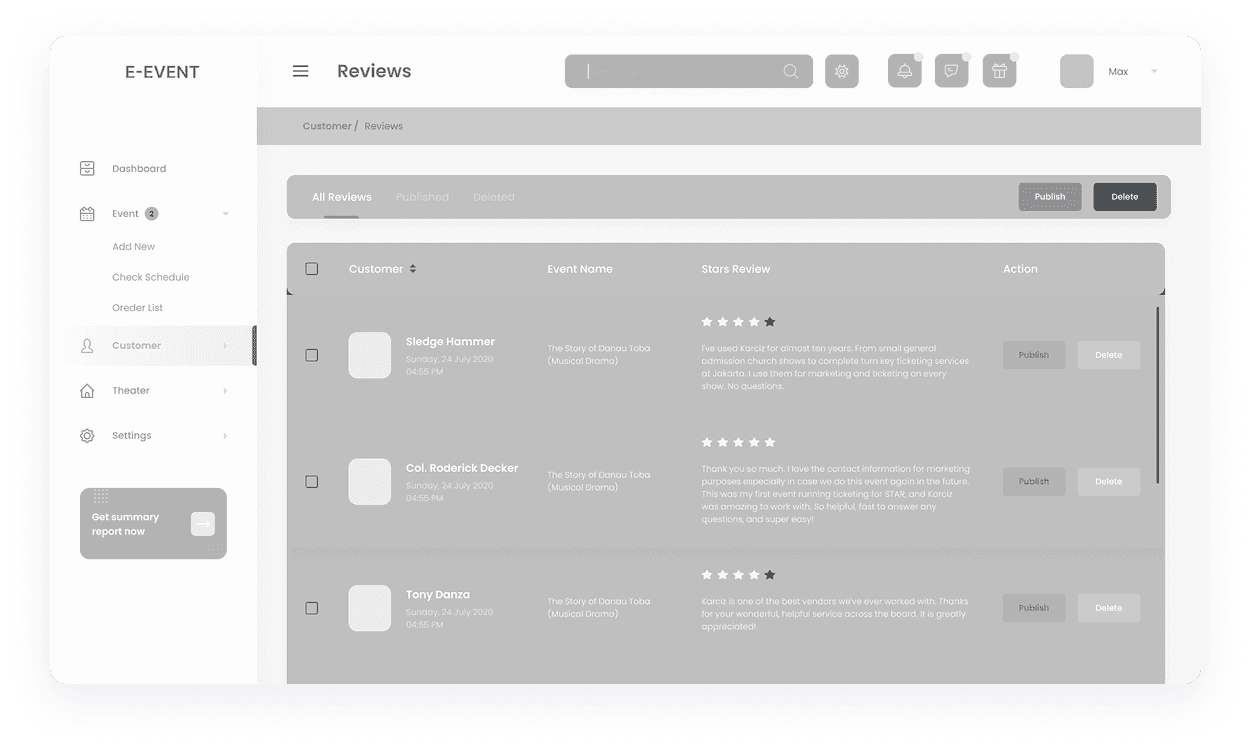 E-Event CRM screen of an attendee review management dashboard