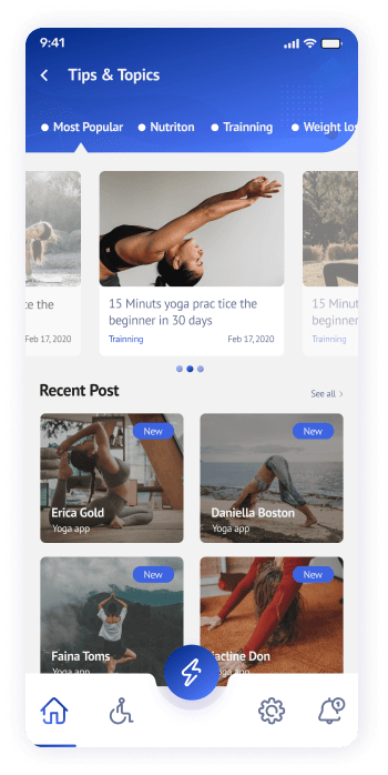 UI design of the Yogadgine app tips and topics screen