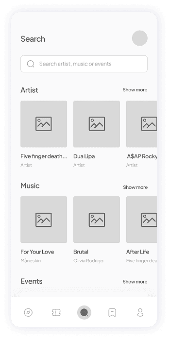Wireframe of Muzz app search screen