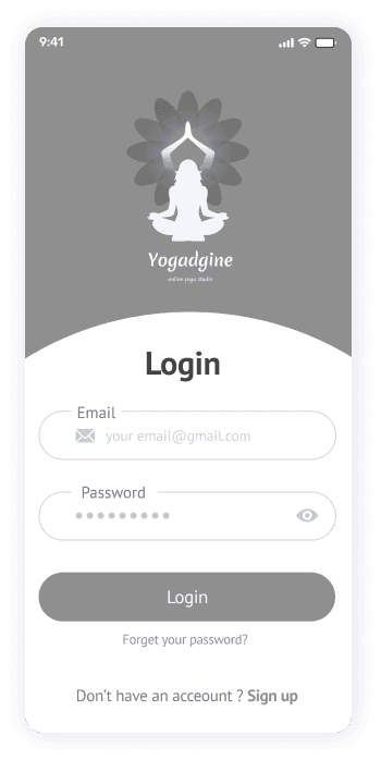Wireframe of the Yogadgine app login screen
