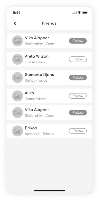 Wireframe of ShareFit app friends list screen