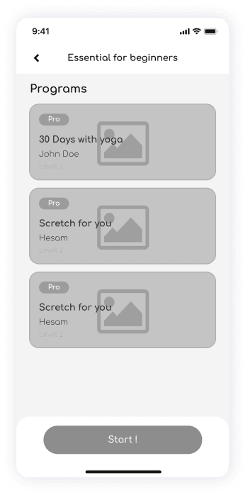 Wireframe of ShareFit app training programs screen