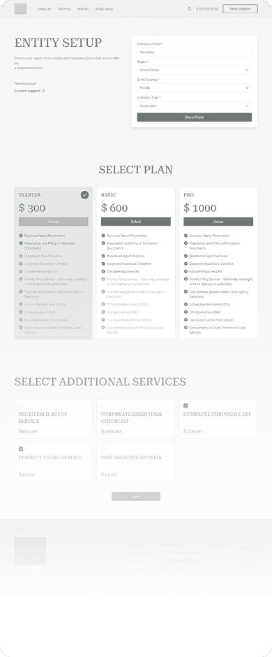Wireframe of Asset Protection select plan page