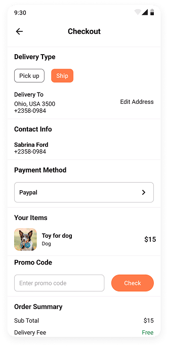 MyPet app checkout screen UI design