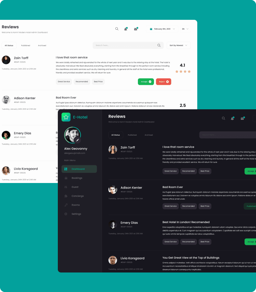 E-Hotel CRM feedback and review management feature