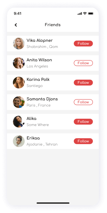 UI design of ShareFit app friends list screen