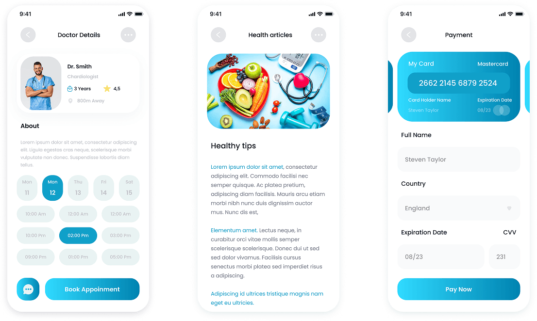 UI screens of E-Doctor app displaying doctor information, health tips, and payment options
