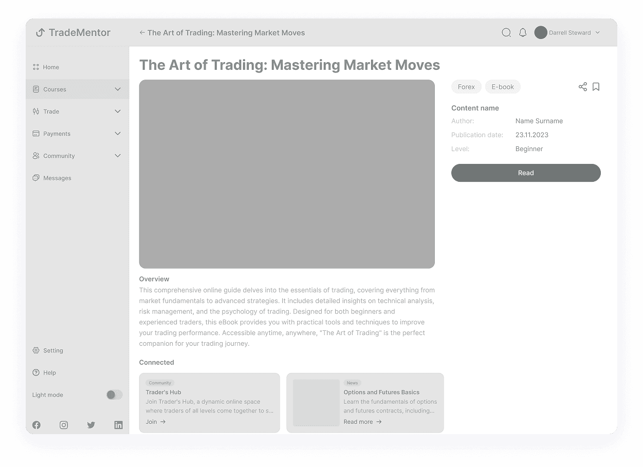 Wireframe of the TradeMentor e-book detail page