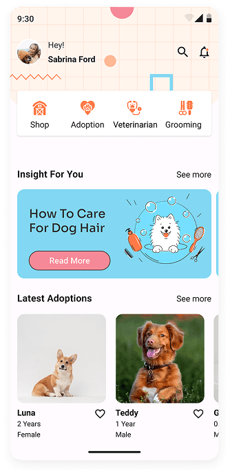 UI design of MyPet app home screen