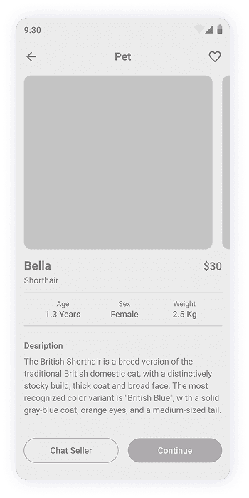 MyPet app pet detail screen wireframe