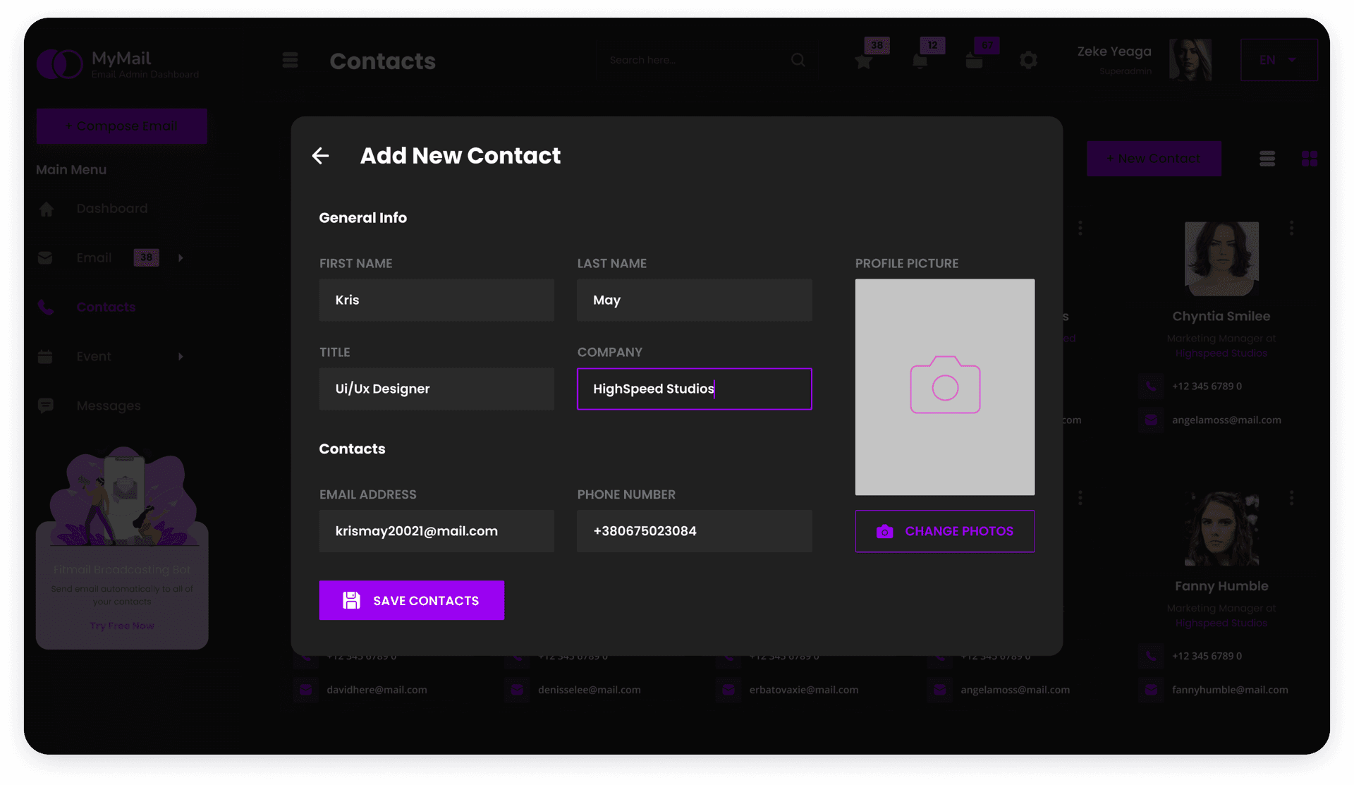 UI design of MyMail add new contact screen
