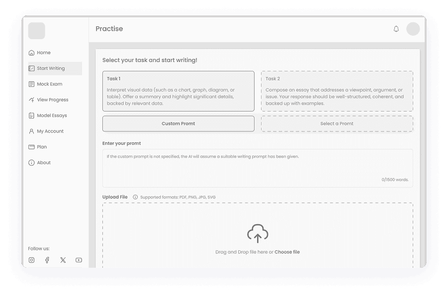 Wireframe of Writemaster writing task selection screen