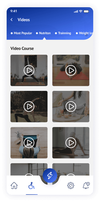 UI design of the Yogadgine app videos screen
