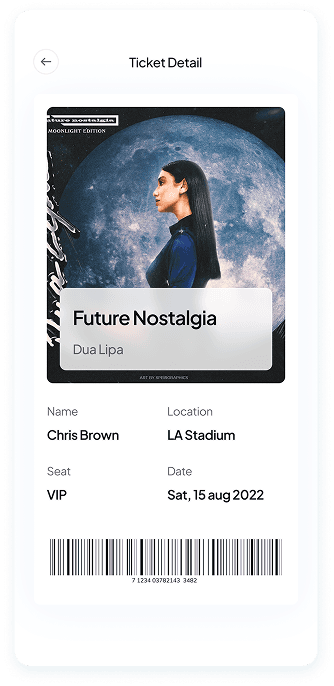 UI design of Muzz app ticket detail screen