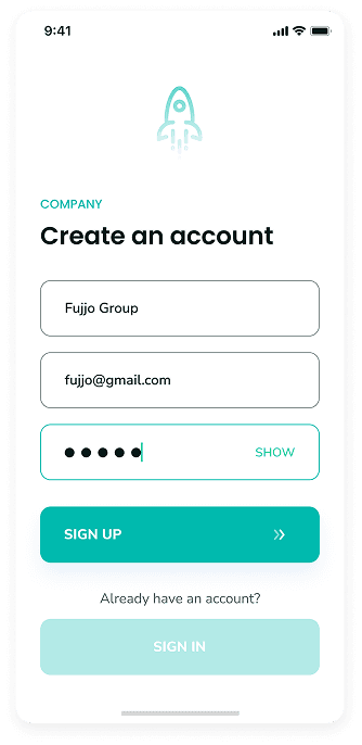 UI design of Rocket app-s account creation screen for companies