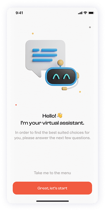 Have Meal app virtual assistant welcome screen UI design
