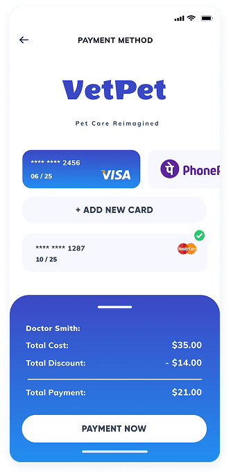 UI design of the VetPet app-s payment method screen