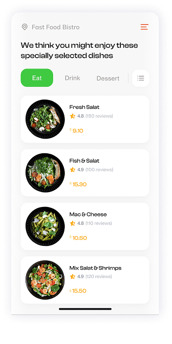Have Meal app recommended dishes screen UI design