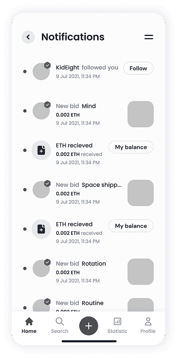 NFT Store notification screen wireframe