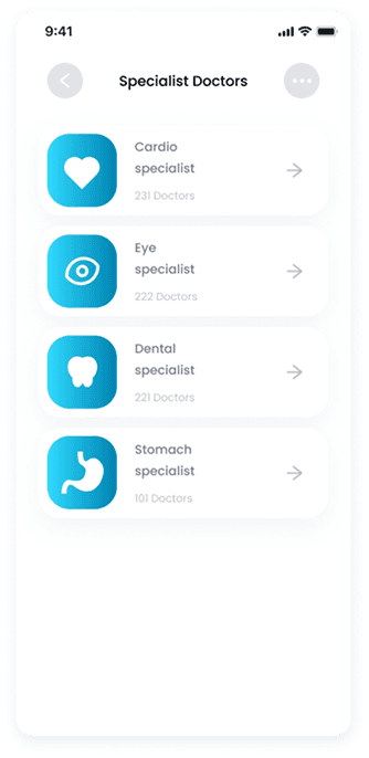 UI design of the E-Doctor app-s specialist doctors screen with a list of specialists