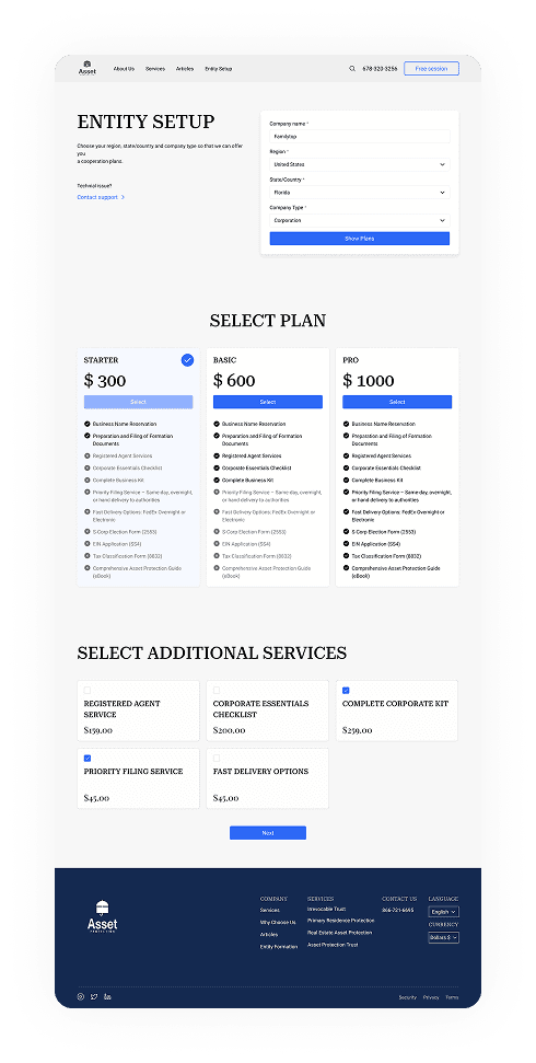 UI design of the Asset Protection select plan page