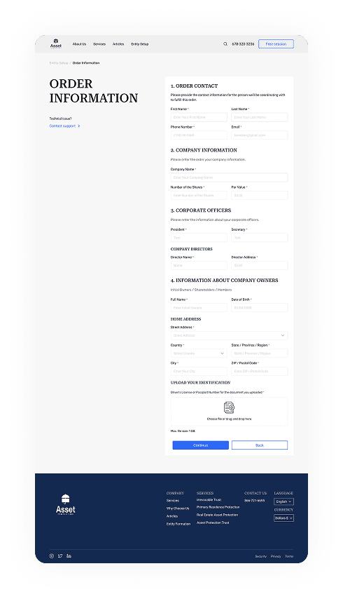 UI design of the Asset Protection order information page