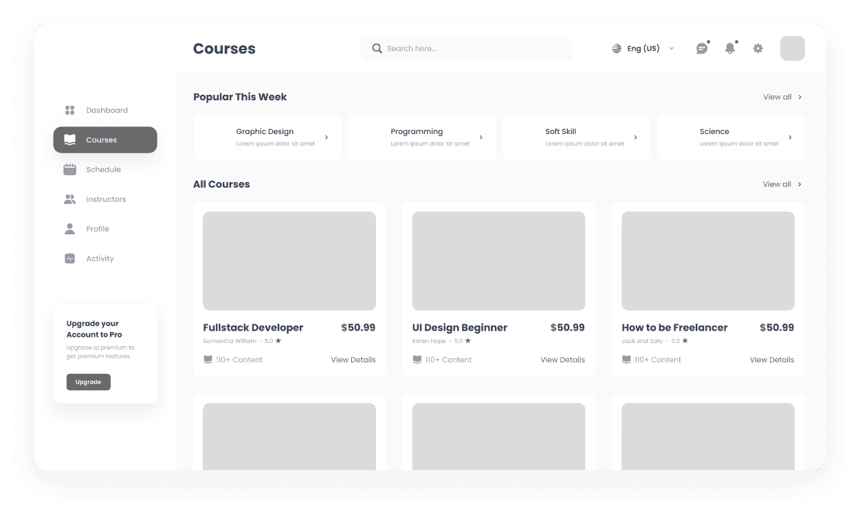 Wireframe of the MySkills courses page
